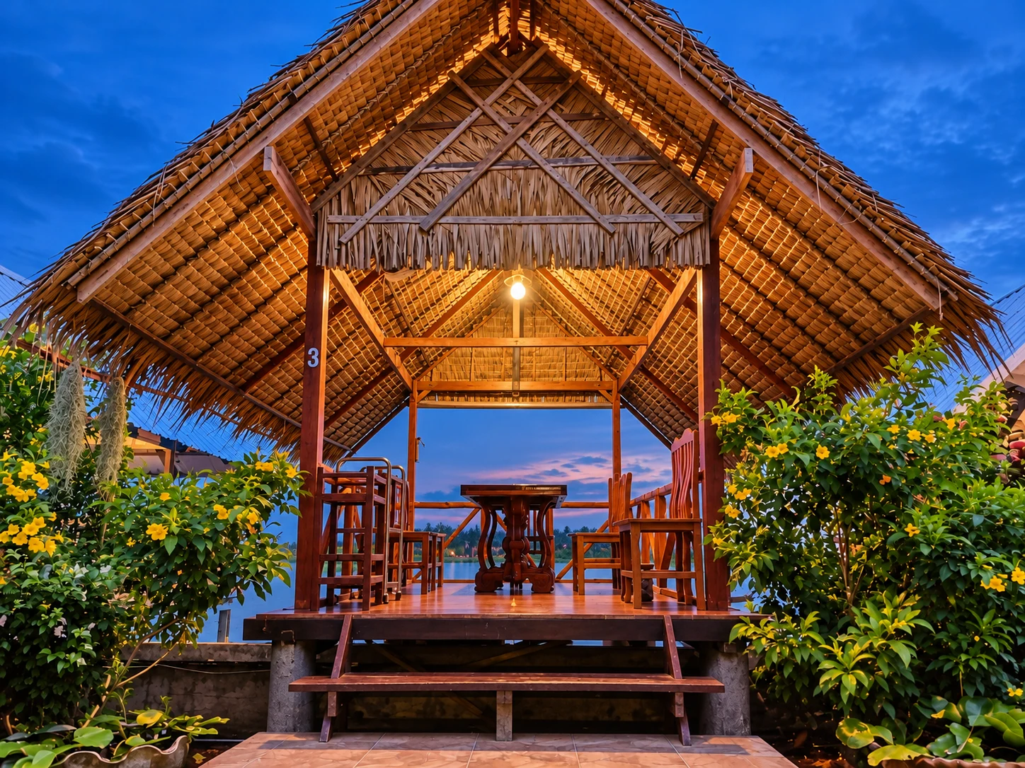 Thatched pavilion in the evening light