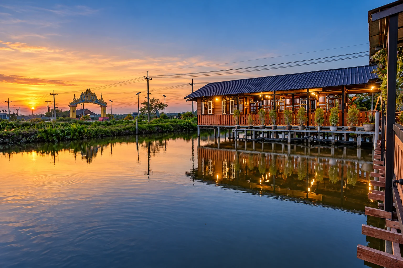Waterside dining pavilion and evening reflections