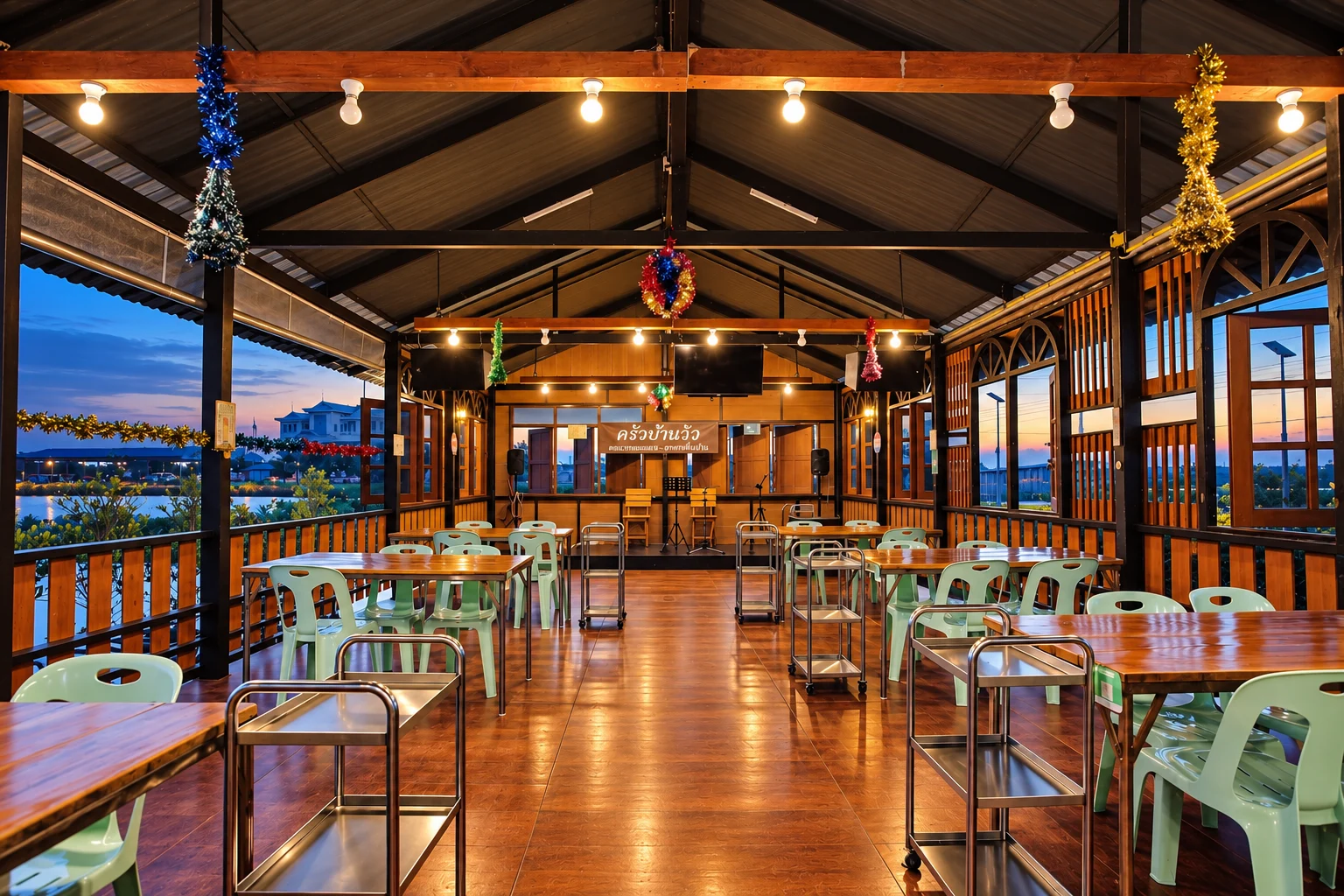 Dining hall with wooden tables and green chairs